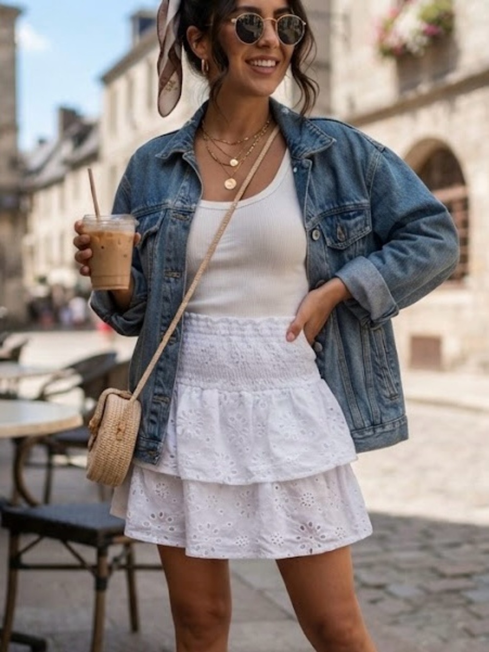 Triple 5 White Eyelet Ruffled Tiered Mini Skirt Smocked Waist Boho Cottagecore